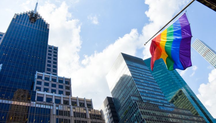 A Pride flag waving in Manhattan, New York