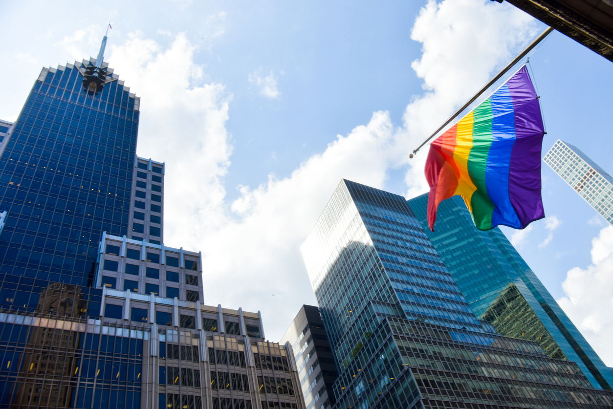 A Pride flag waving in Manhattan, New York