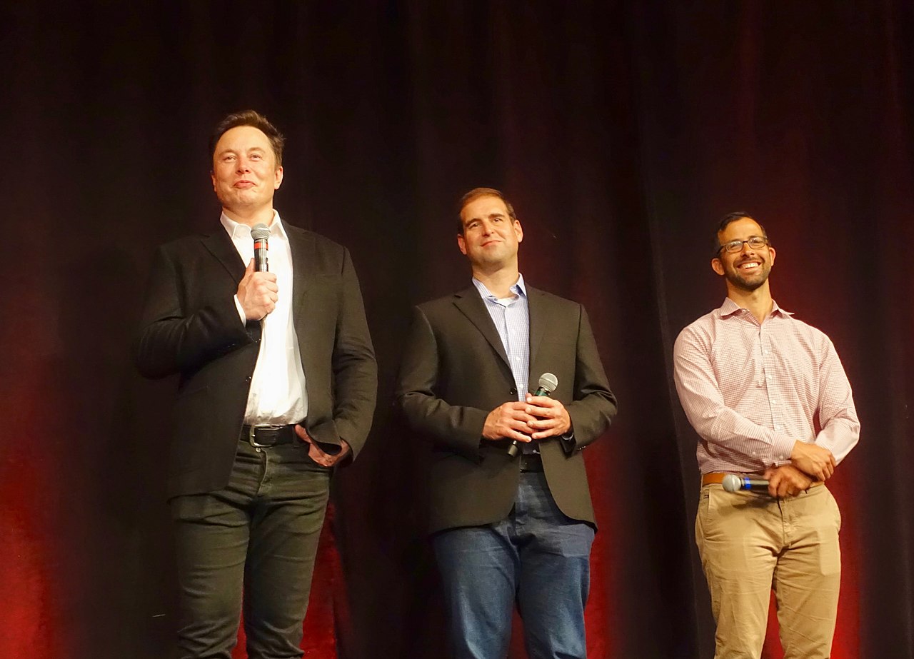 elon musk, JB Straubel and Drew Baglino at the Tesla 2019 Annual Shareholder Meeting