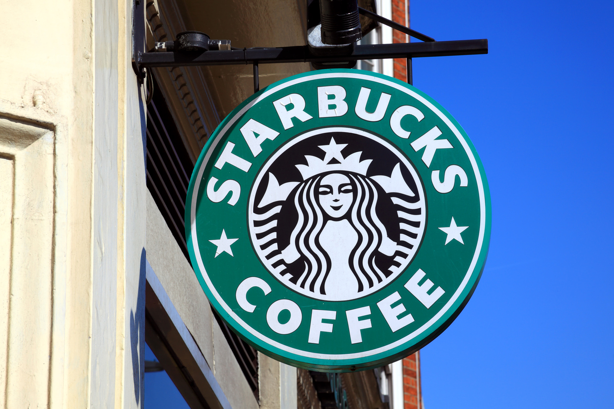 Starbucks logo outside UK coffee house