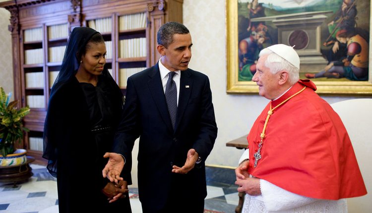 Barack and Michelle Obama meeting with Pope Benedict XVI