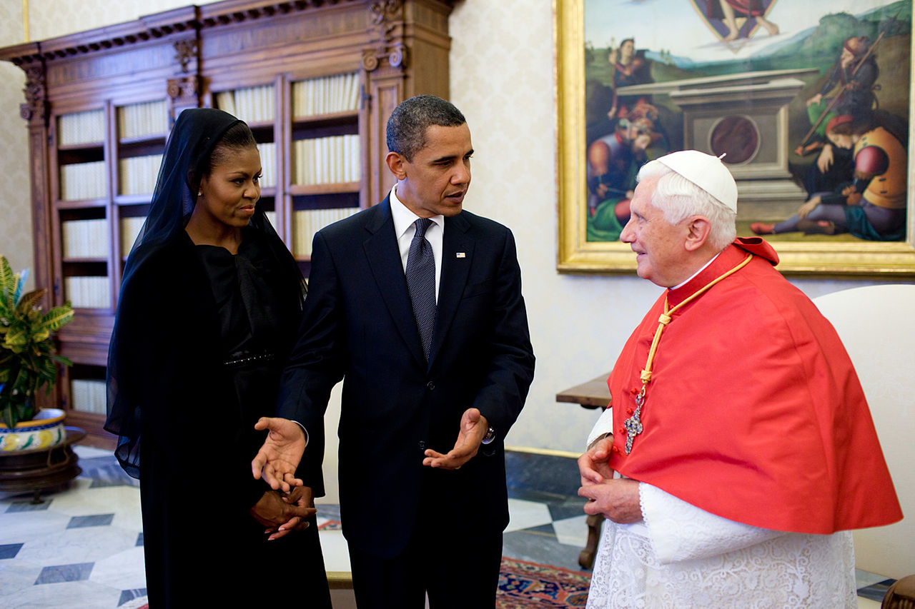 Barack and Michelle Obama meeting with Pope Benedict XVI
