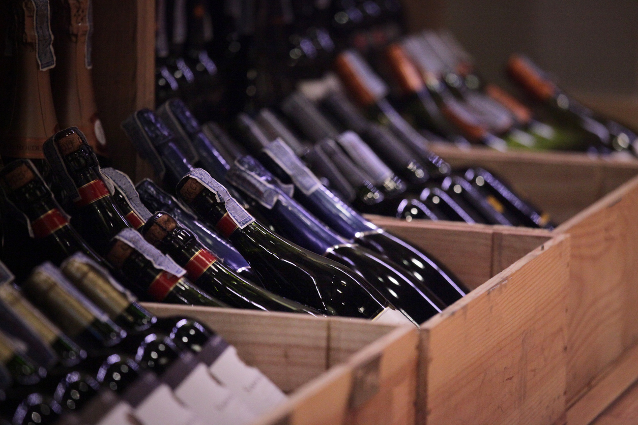 Bottles of wine in crates