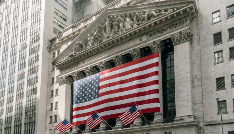 New York Stock Exchange adorned with American flags