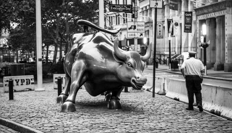 Wall Street bull black and white photograph