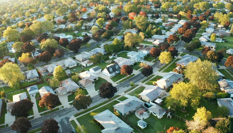 Aerial view of American suburb