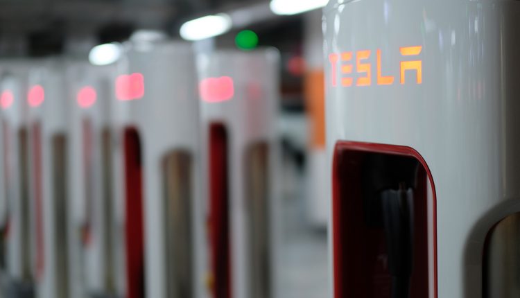 Row of Tesla's charging piles in Shanghai, China.