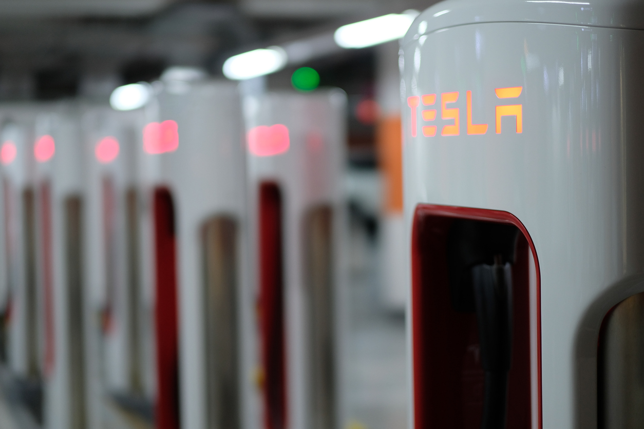 Row of Tesla's charging piles in Shanghai, China.
