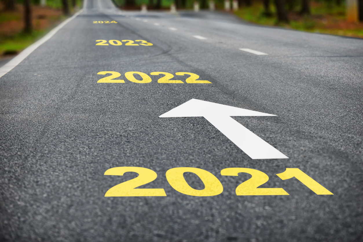 Business success concept; yearly targets painted on road