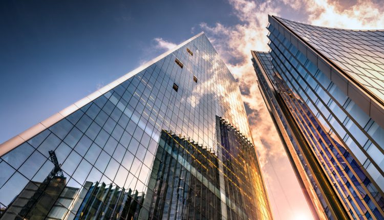 Corporate building, glass skyscraper