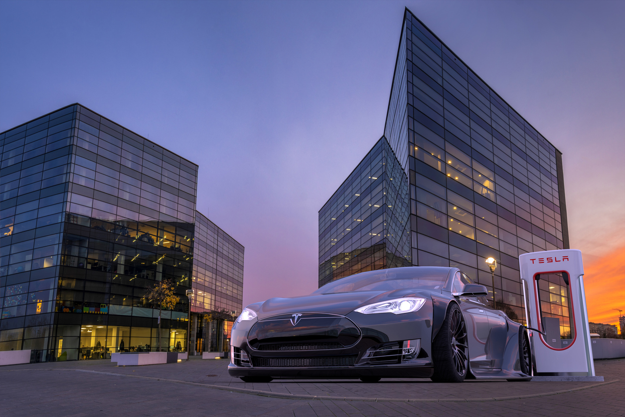 Tesla S at EV charging point