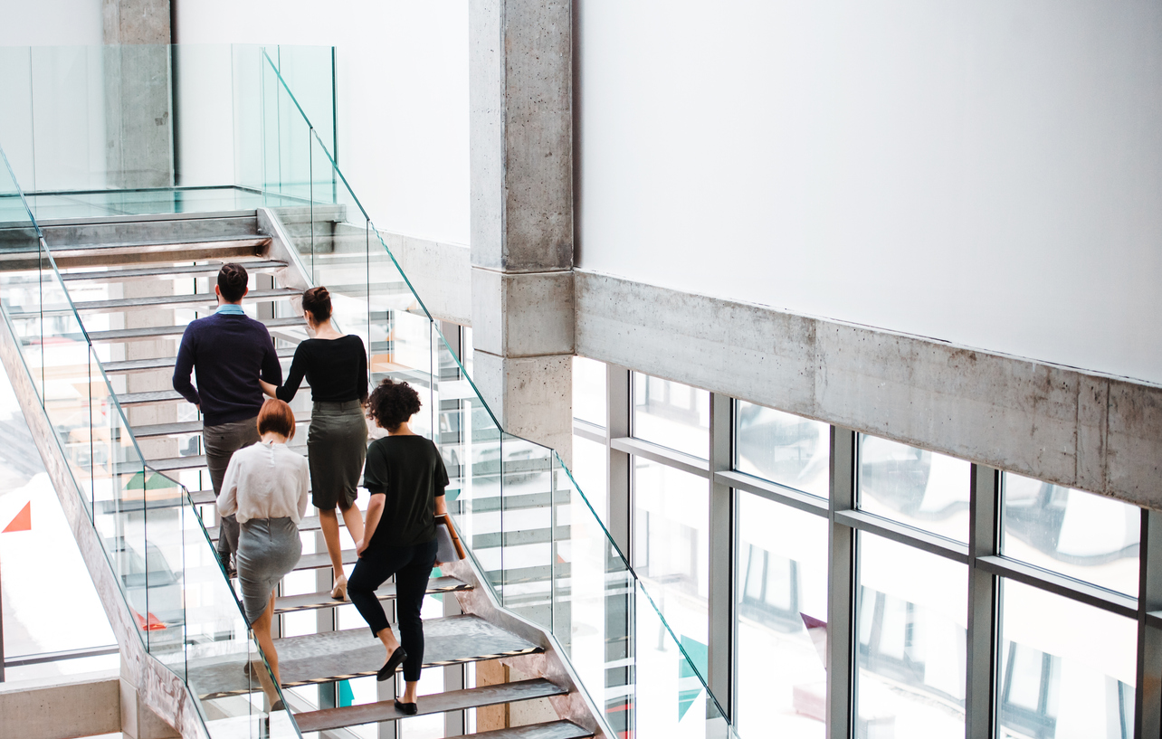 Business professionals walking up staircase