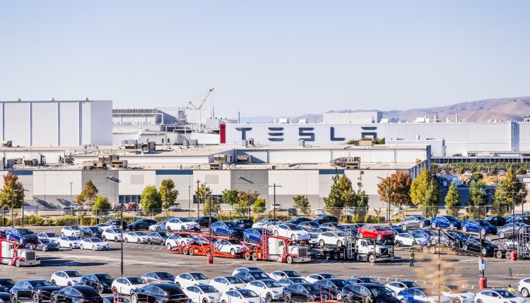 Aerial view of Tesla factory located in Fremont, California