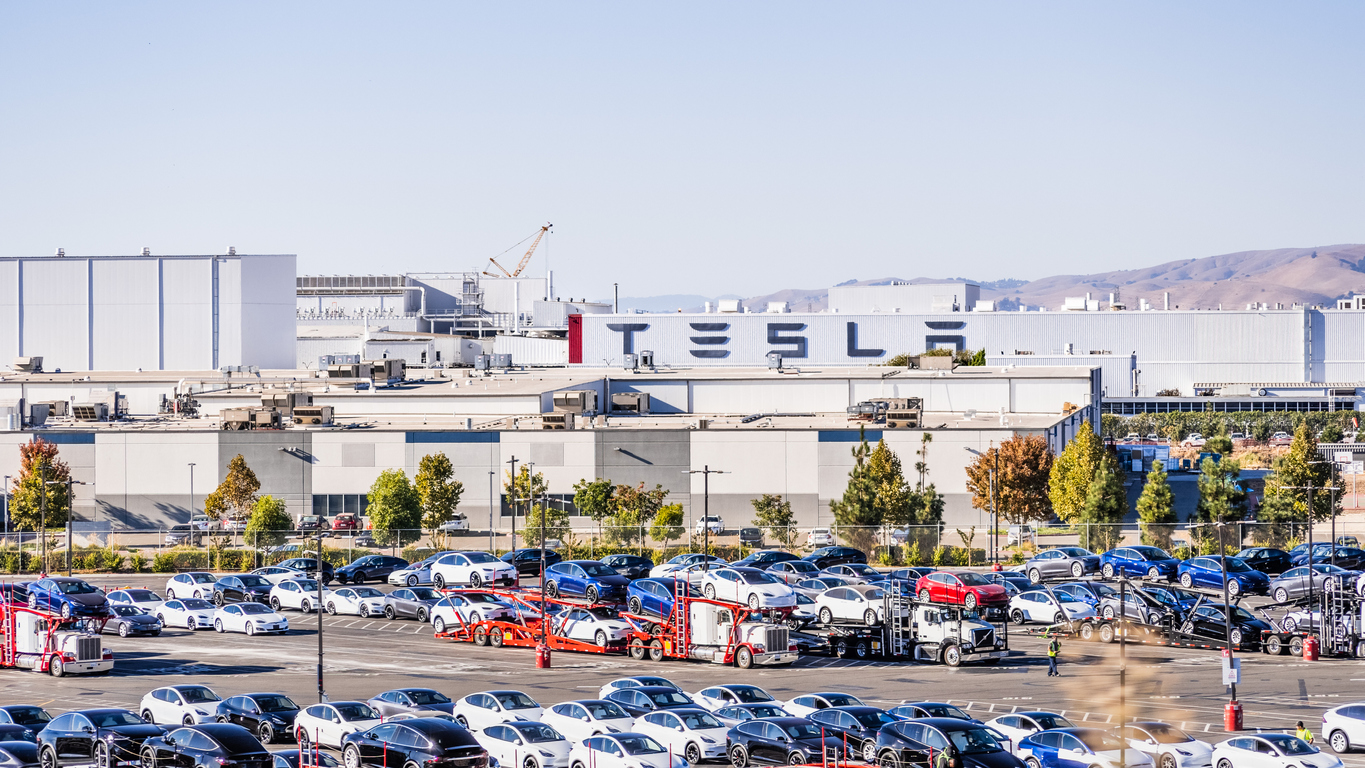 Aerial view of Tesla factory located in Fremont, California