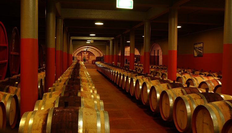 Penfold's Australia wine barrels in wine cave at winery in Adelaide, Australia.