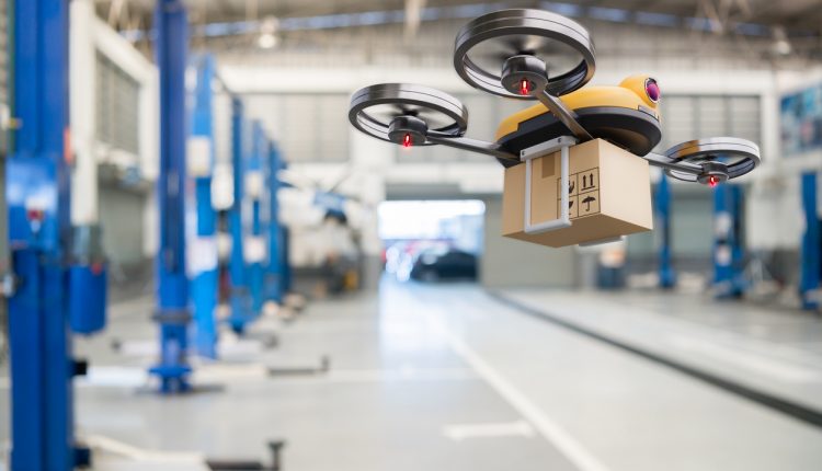 Drones working in business warehouse