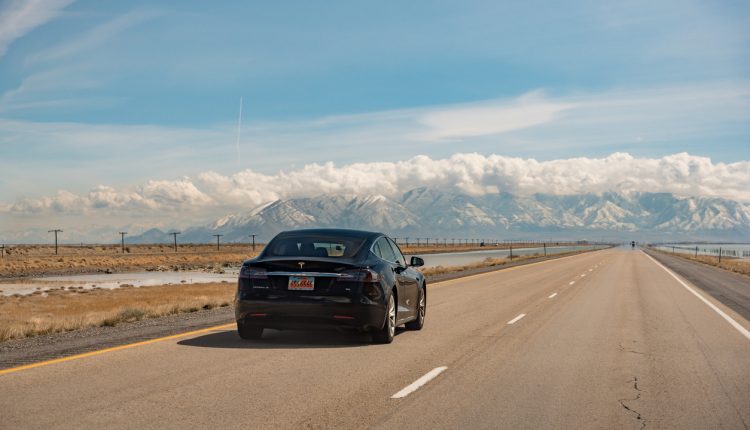 Tesla Model S on road, USA.
