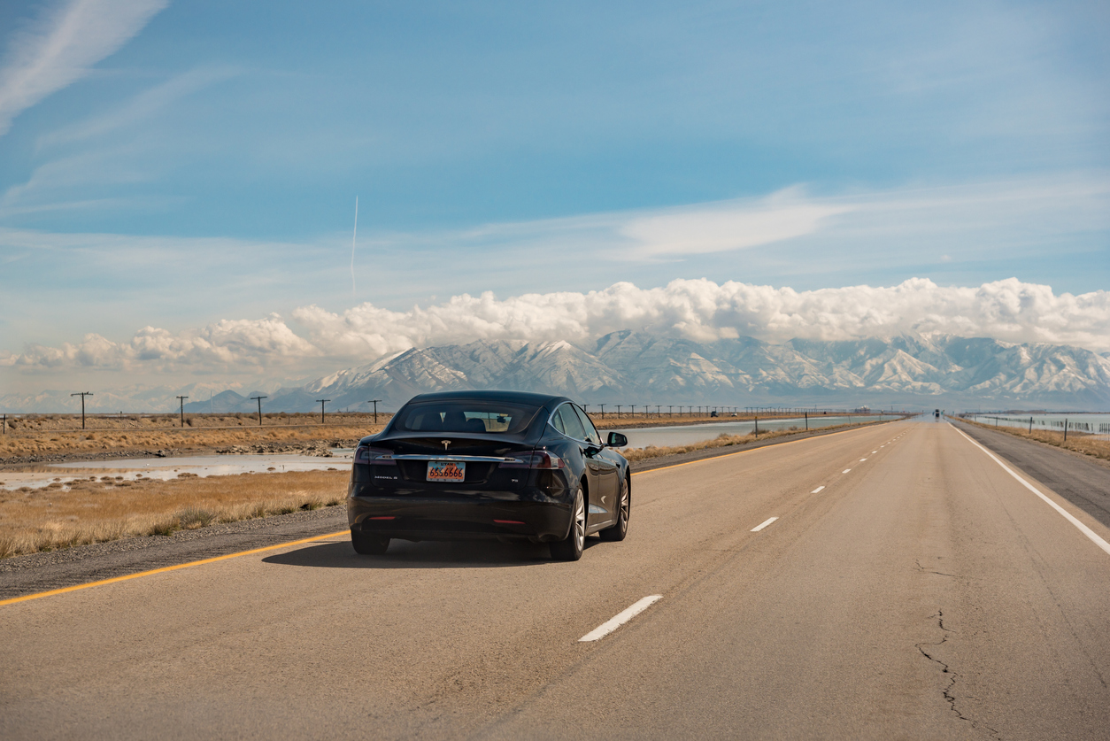 Tesla Model S on road, USA.
