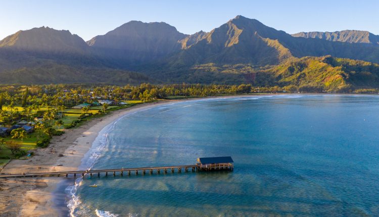 Aerial drone shot of Hanalei bay and beach on the north shore of Kauai in Hawaii