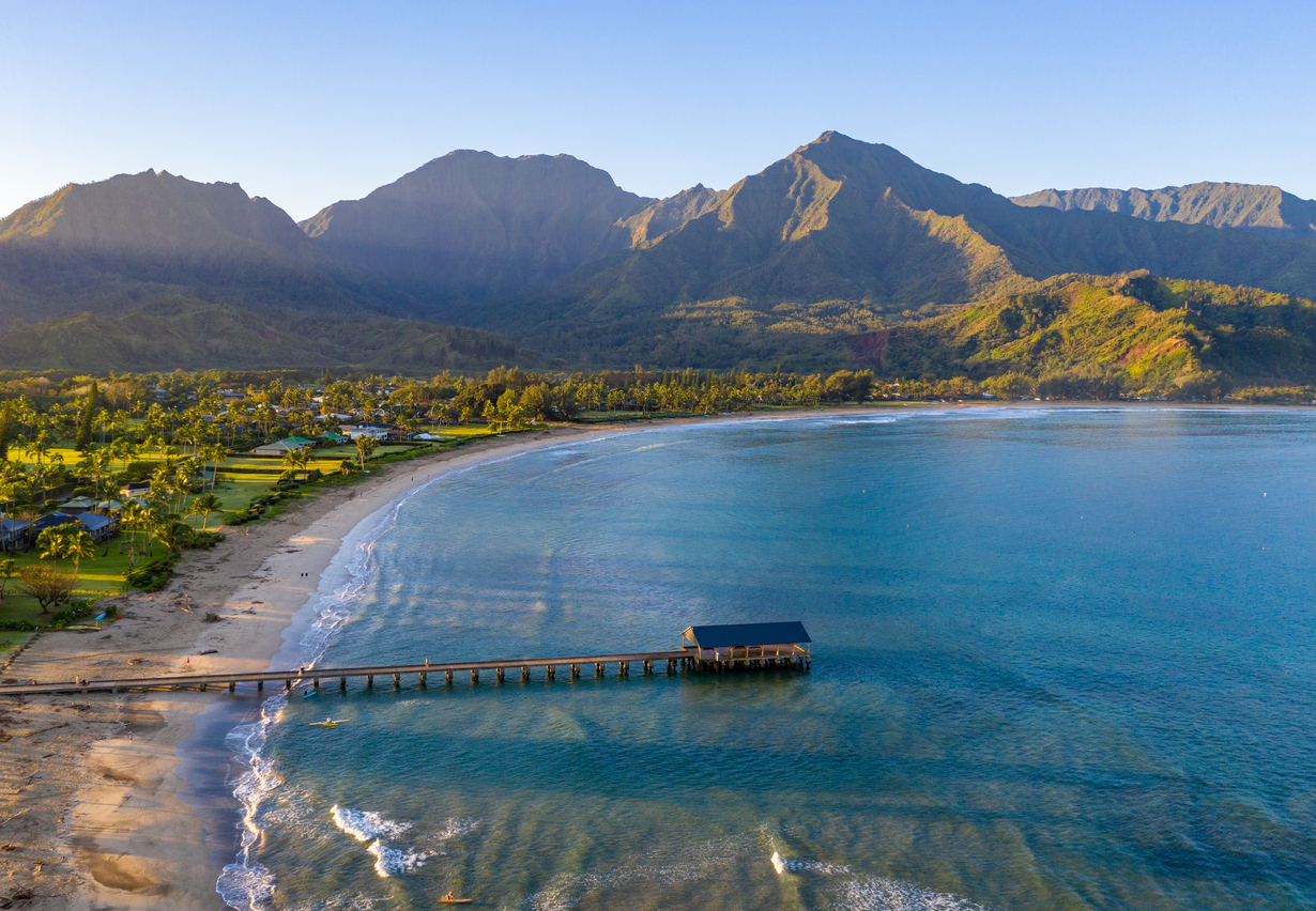 Aerial drone shot of Hanalei bay and beach on the north shore of Kauai in Hawaii