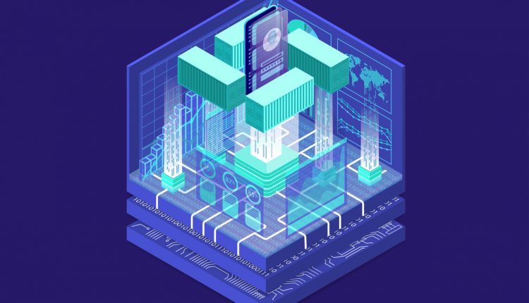 Application containerization and modular software development concept with symbol of smartphone and containers as isometric 3d vector illustration