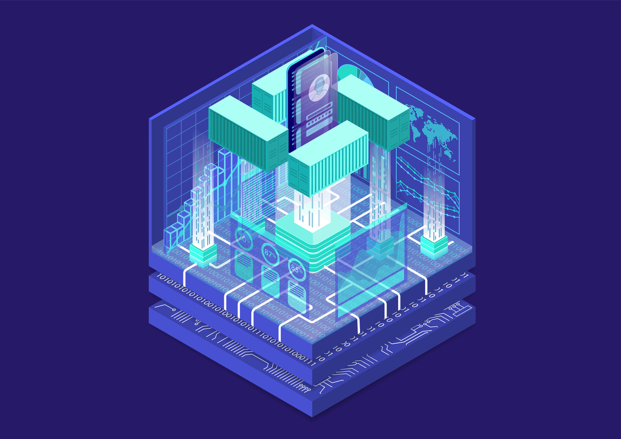 Application containerization and modular software development concept with symbol of smartphone and containers as isometric 3d vector illustration