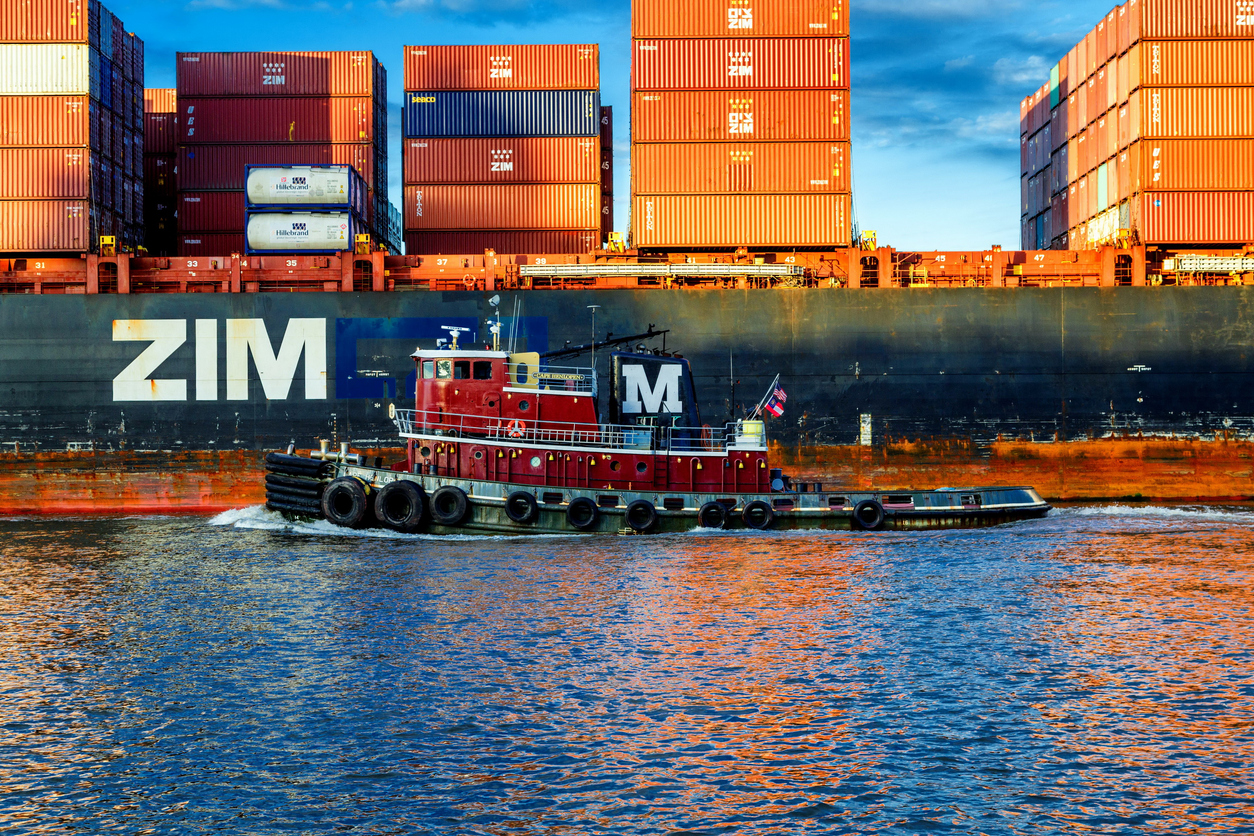 Tugboat and Zim Freighter; supply chain