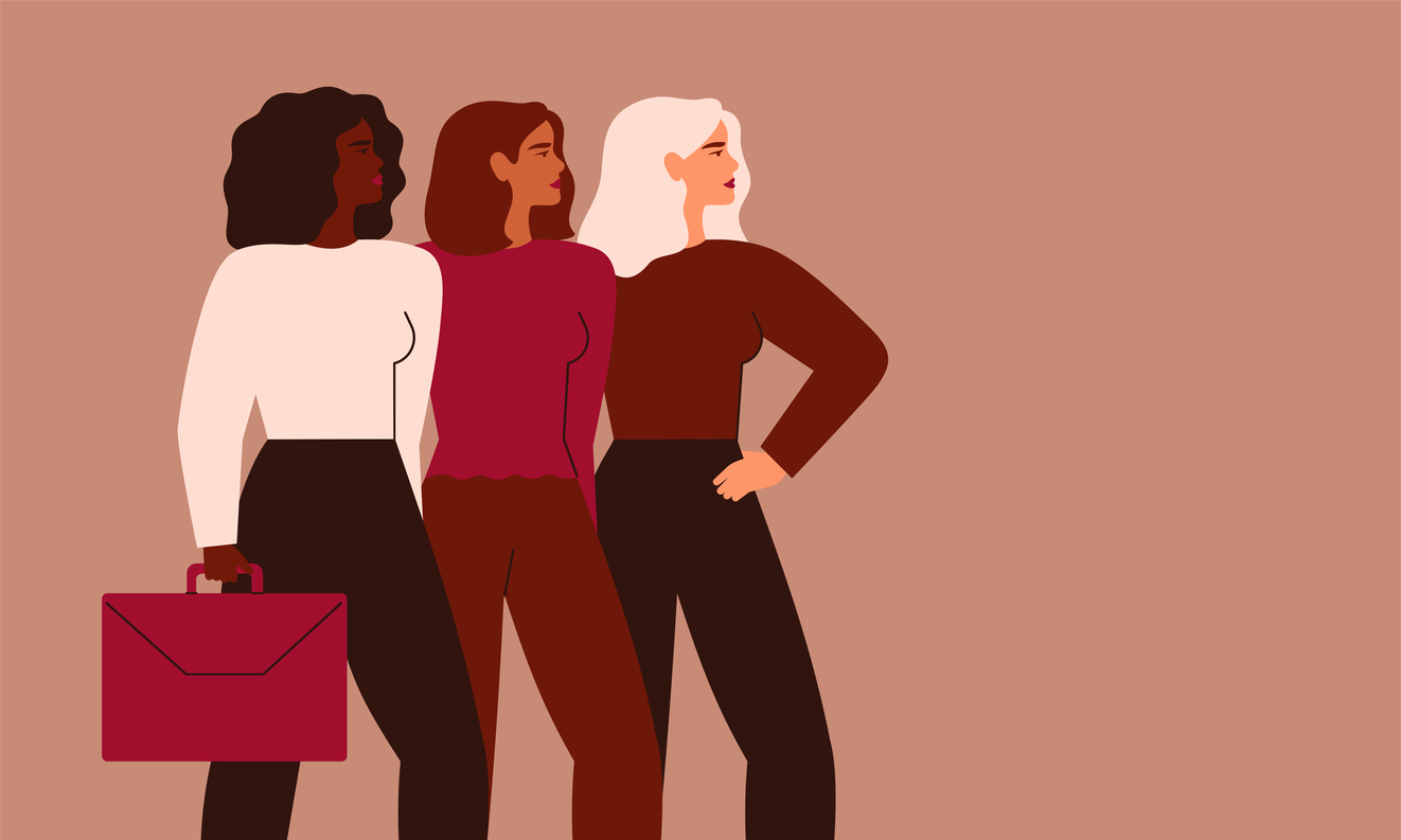 Cartoons of confident business women stand in a row