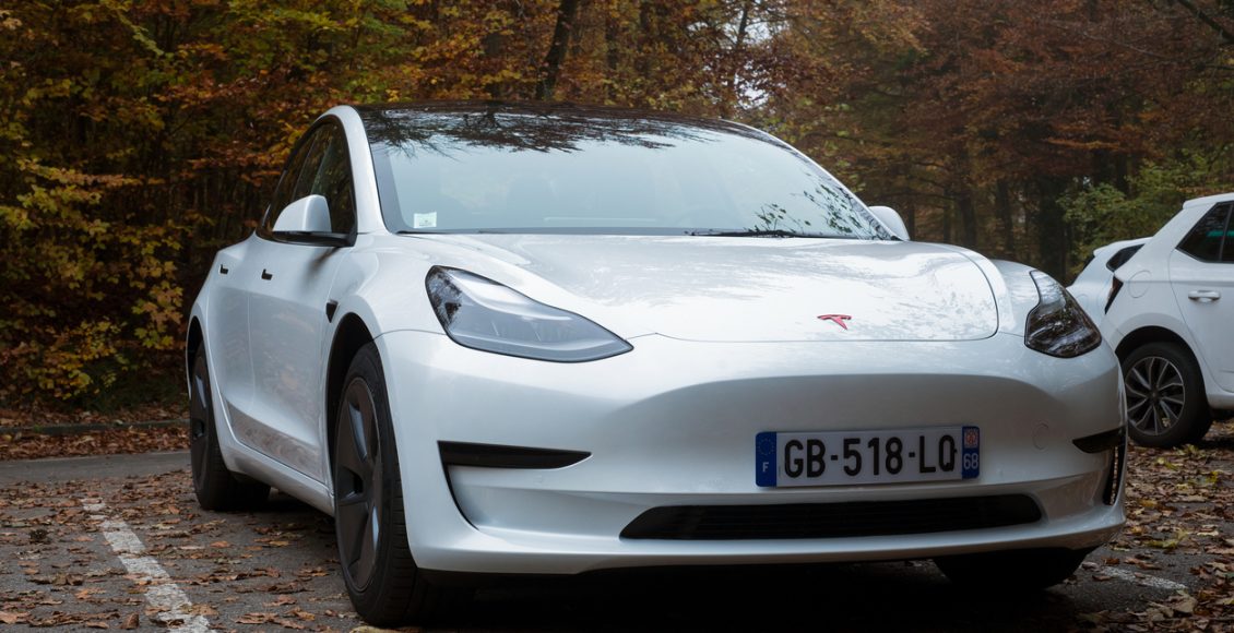 Front view of white Tesla, the famous electric car parked in border the forest