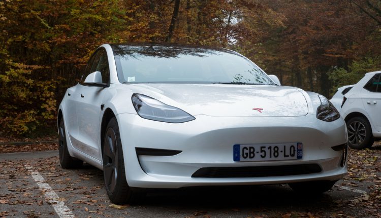 Front view of white Tesla, the famous electric car parked in border the forest