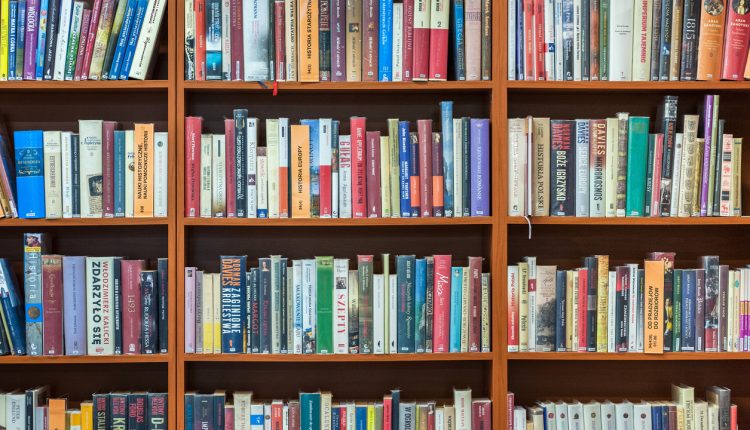 Bookshelf in public library, front view, horizontal