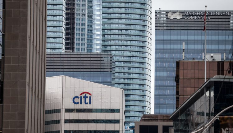 Logo of Citigroup on their main office in Toronto, Ontario, Quebec. Also called Citi, or Citibank, it is an American bank and financial institution