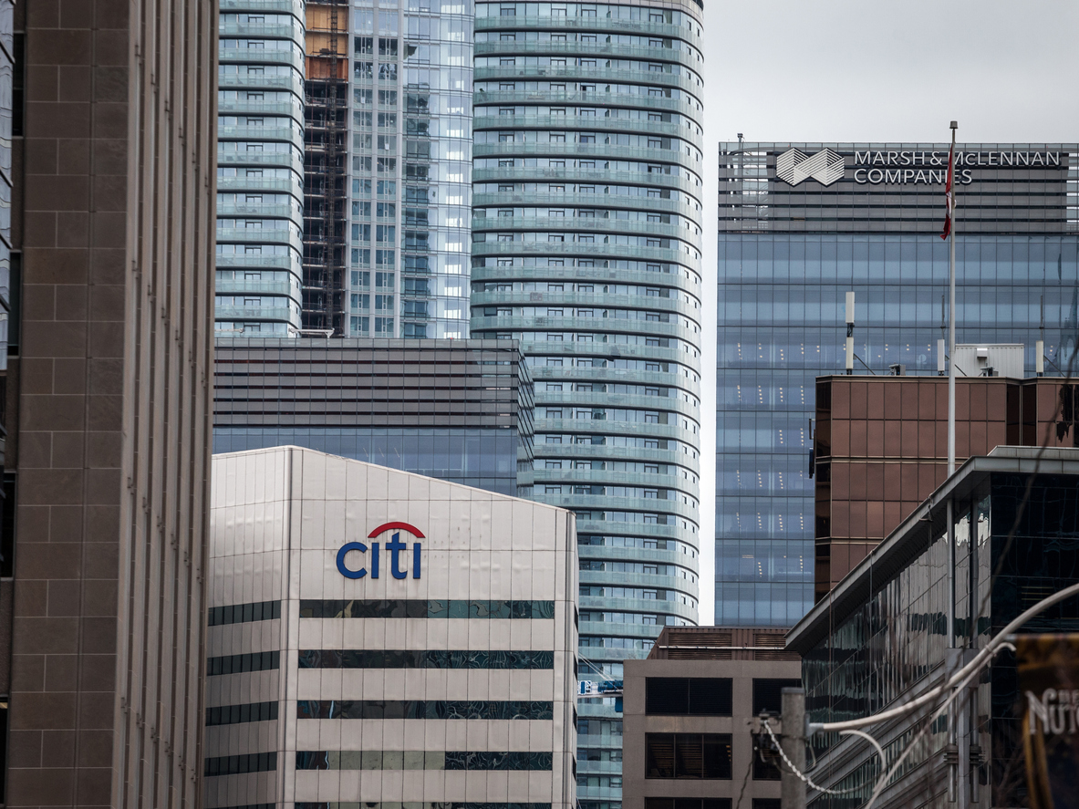 Logo of Citigroup on their main office in Toronto, Ontario, Quebec. Also called Citi, or Citibank, it is an American bank and financial institution
