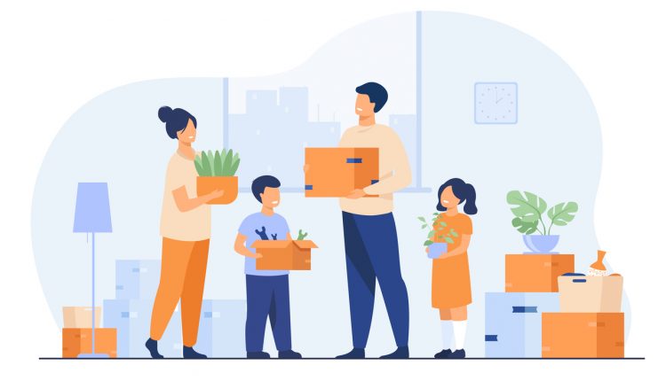 Family moving to new house. Happy cartoon man, woman, boy, girl carrying boxes in apartment. Vector illustration for new home, delivery service concept