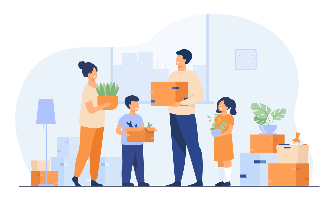 Family moving to new house. Happy cartoon man, woman, boy, girl carrying boxes in apartment. Vector illustration for new home, delivery service concept