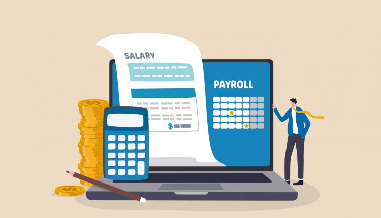 Salary payroll system, online income calculate and automatic payment, office accounting administrative or calendar pay date, employee wages concept, businessman standing with online payroll computer.