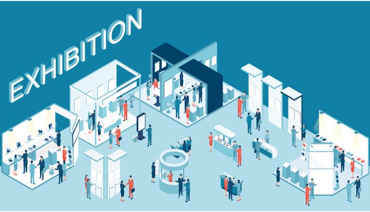 It is an isometric illustration of a business exhibition event that is full of visitors.