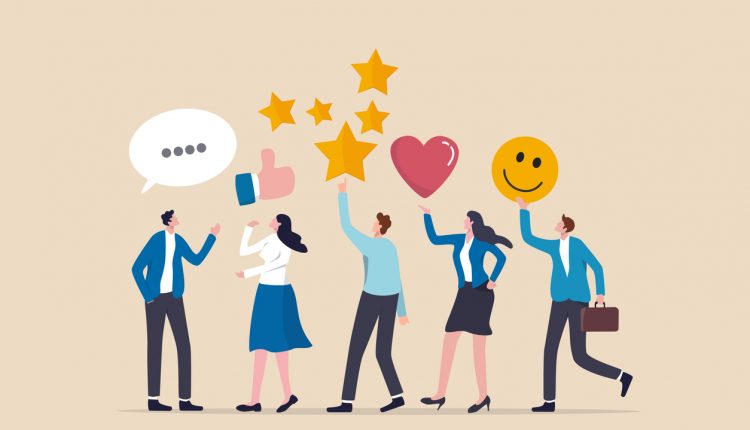Customer feedback, user experience or client satisfaction, opinion for product and services, review rating or evaluation concept, young adult people giving emoticon feedback such as stars, thumbs up.