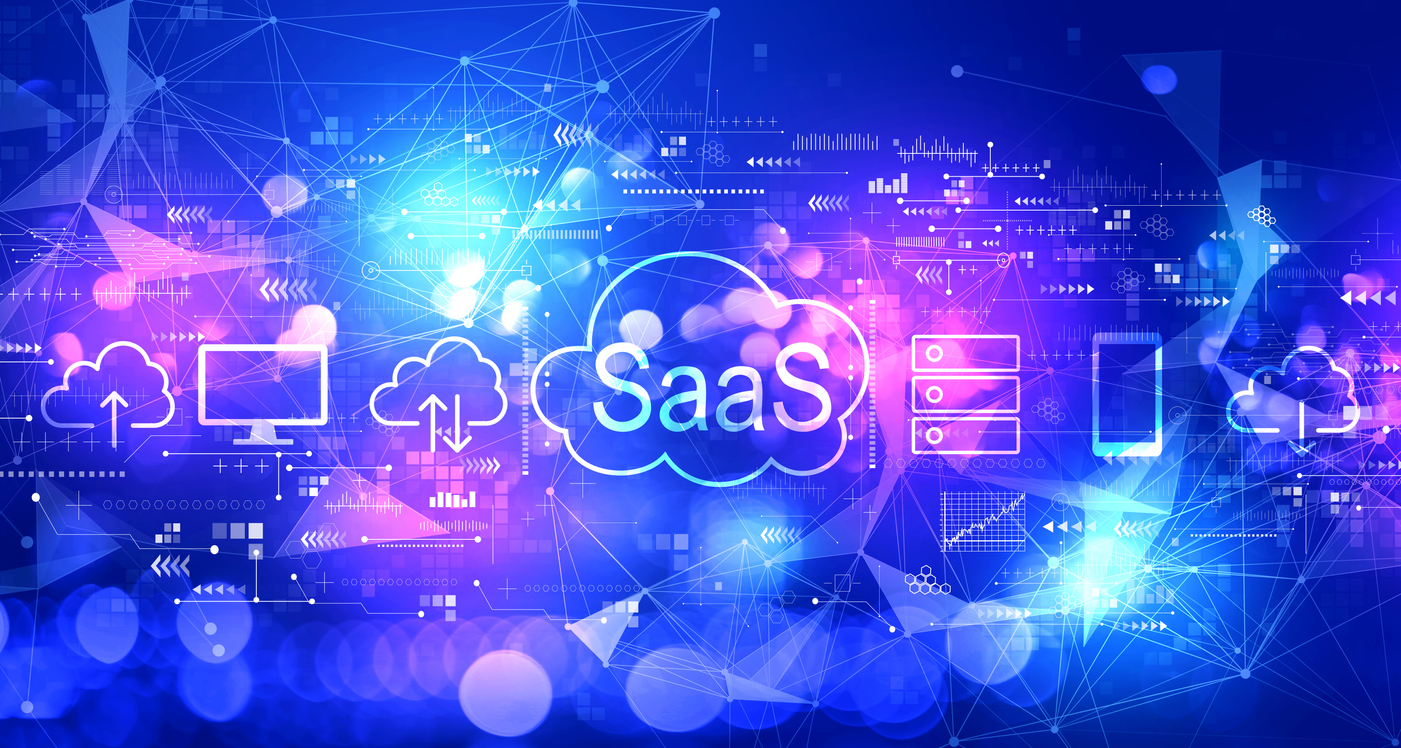 SaaS - software as a service concept with technology blurred abstract light background