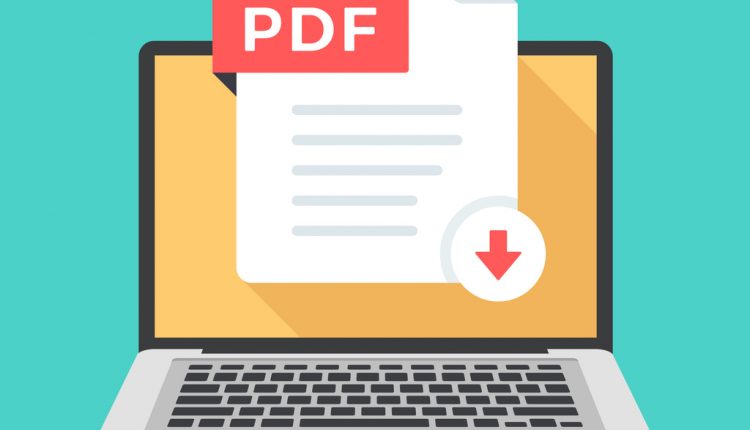 Download PDF. PDF file on laptop screen. Downloading document. Vector illustration