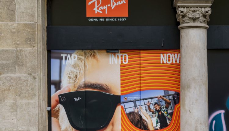 Barcelona, Spain - August 18, 2022. Logo and facade of Ray-Ban, an American-Italian brand of sunglasses and luxury eyewear founded in 1937 by Bausch & Lomb.