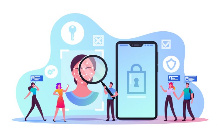 Facial Recognition Technology Concept. Tiny Male and Female Characters Scanning Face Id on Smartphone. Identification of Person Through System of Verification. Cartoon Vector People Illustration