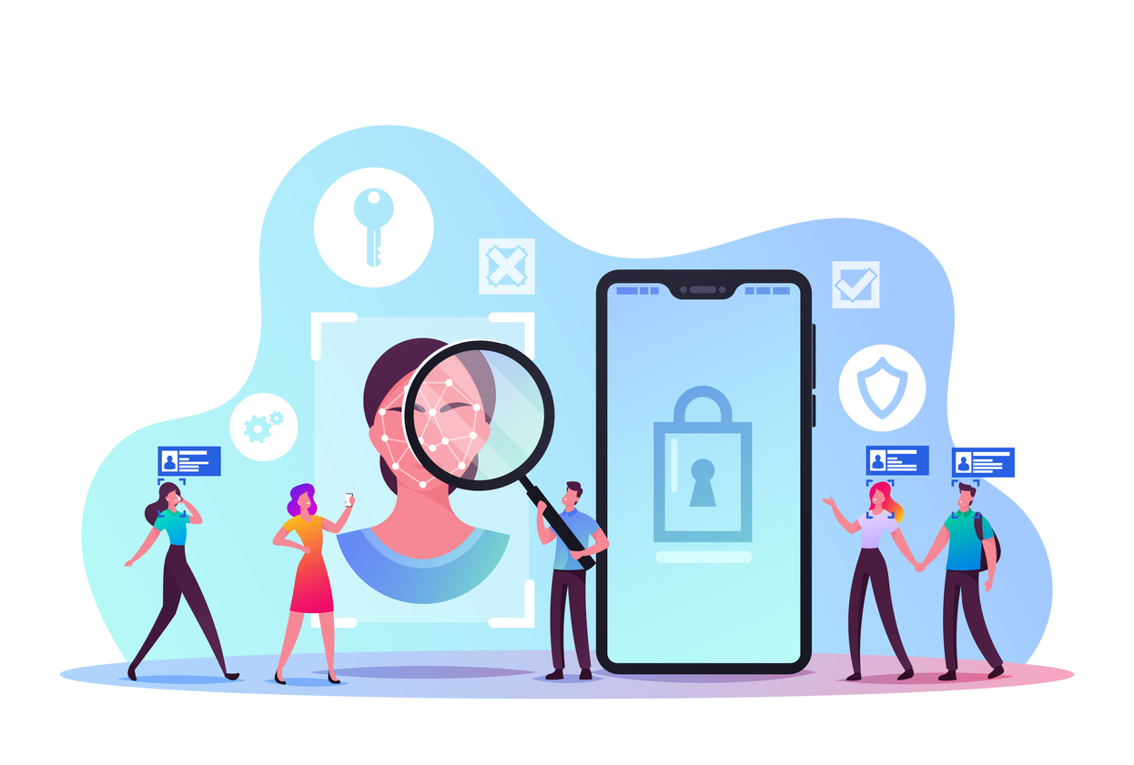 Facial Recognition Technology Concept. Tiny Male and Female Characters Scanning Face Id on Smartphone. Identification of Person Through System of Verification. Cartoon Vector People Illustration
