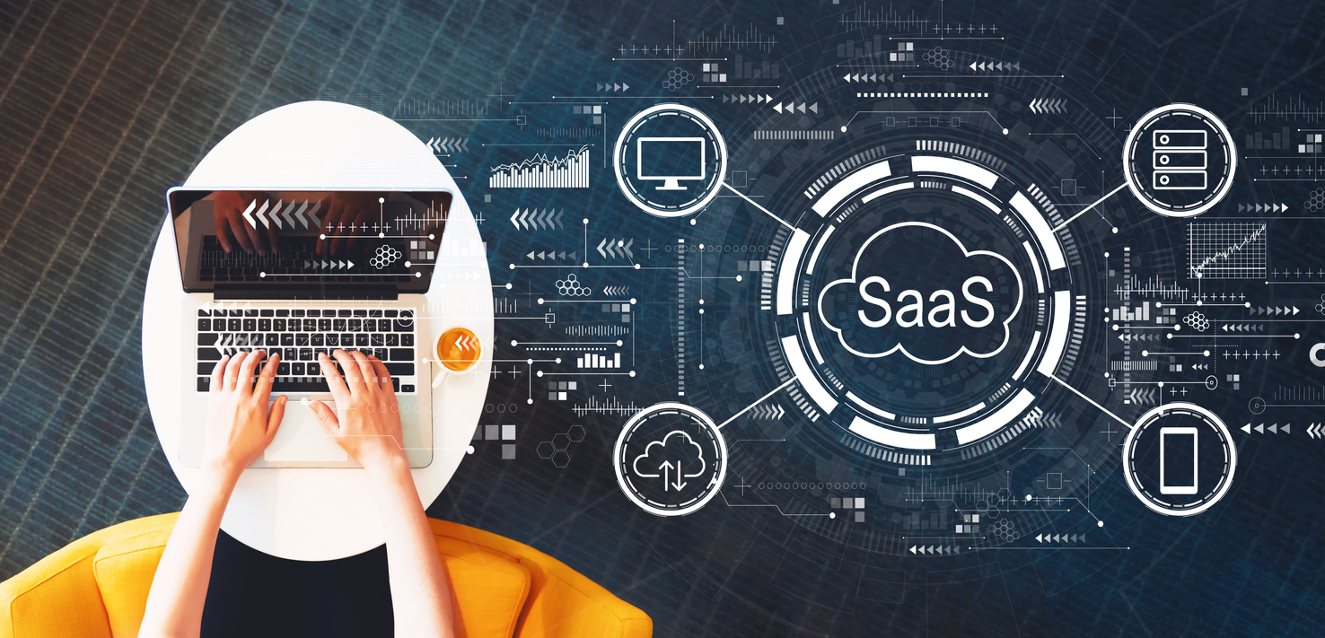 SaaS - software as a service concept with person using a laptop on a white table