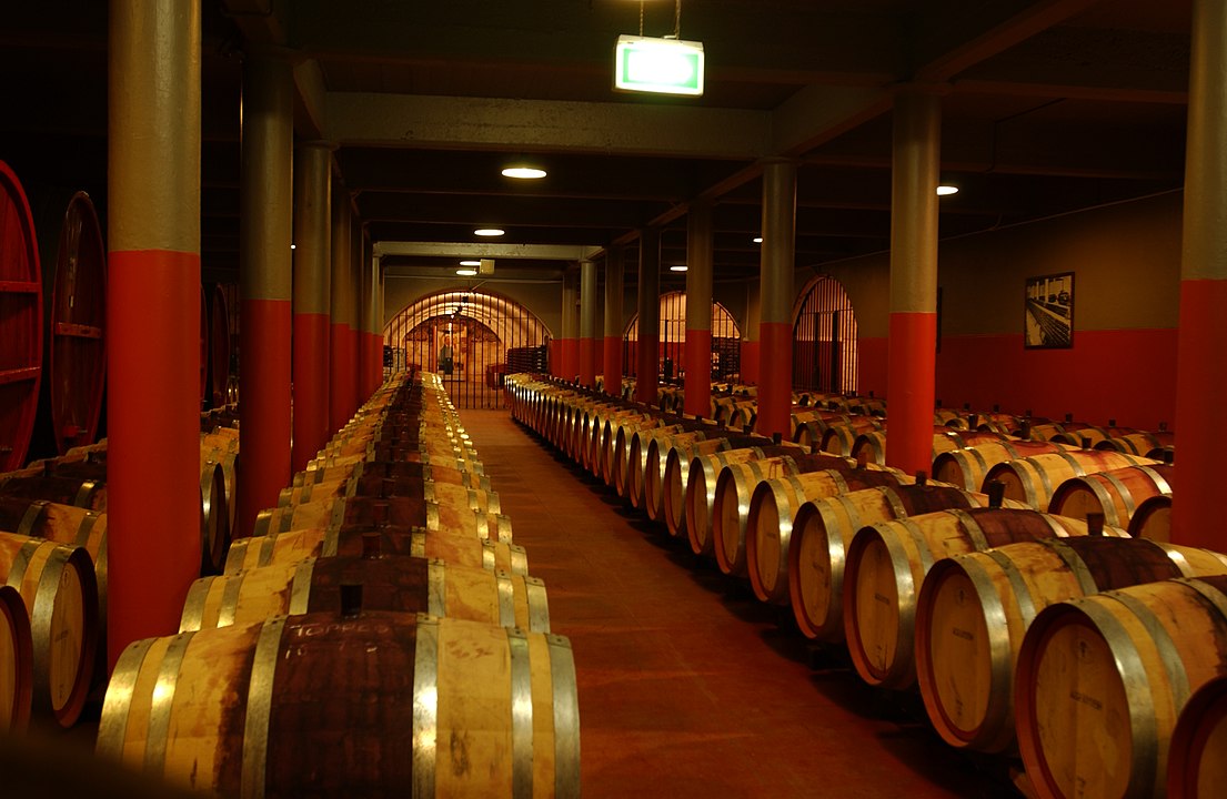 Penfold's Australia wine barrels in wine cave at winery in Adelaide, Australia.