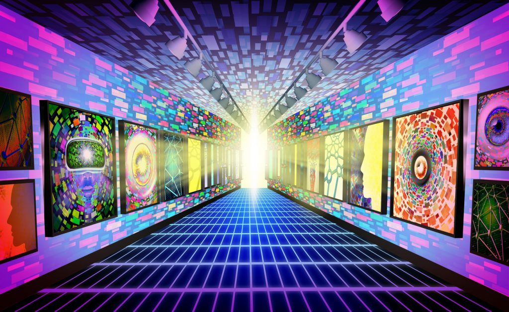 Crypto Virtual Museum and Metaverse internet NFT display as a futuristic streaming media symbol as augmented reality and computer media concept in a 3D illustration style.