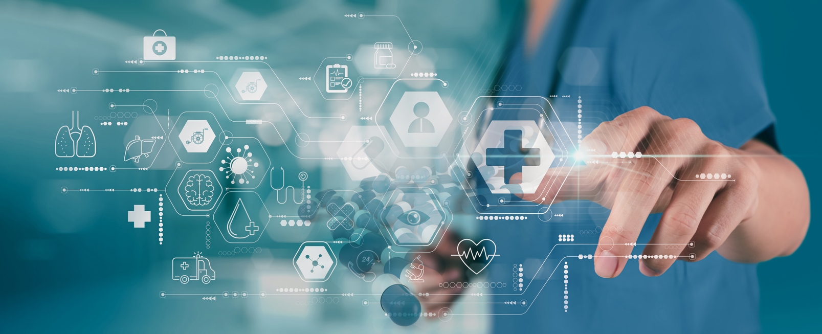 Medicine doctor using modern computer diagnose virtual electronic medical record of patient on interface.Digital healthcare and network on modern virtual screen, DNA medical technology and futuristic concept.