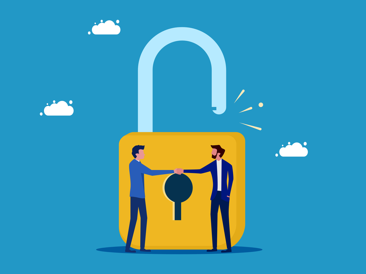 Cooperation unlocks business. Businessmen shaking hands to unlock the padlock vector