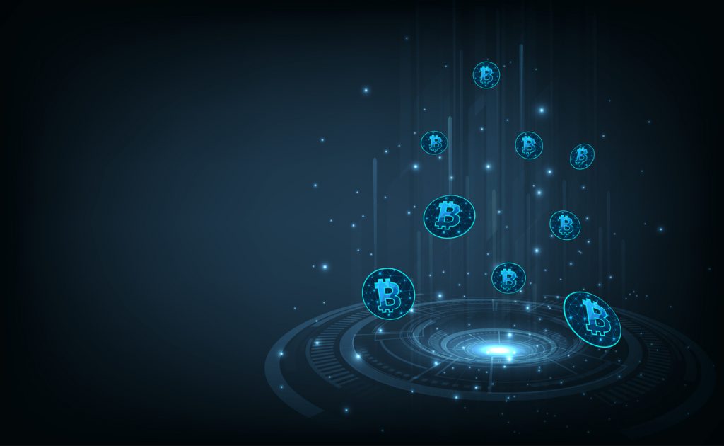 Investment and Exchange electronic currencies concept. Bitcoin digital currency digital money technology on Dark blue background.fintech world finance concept, vector illustration.