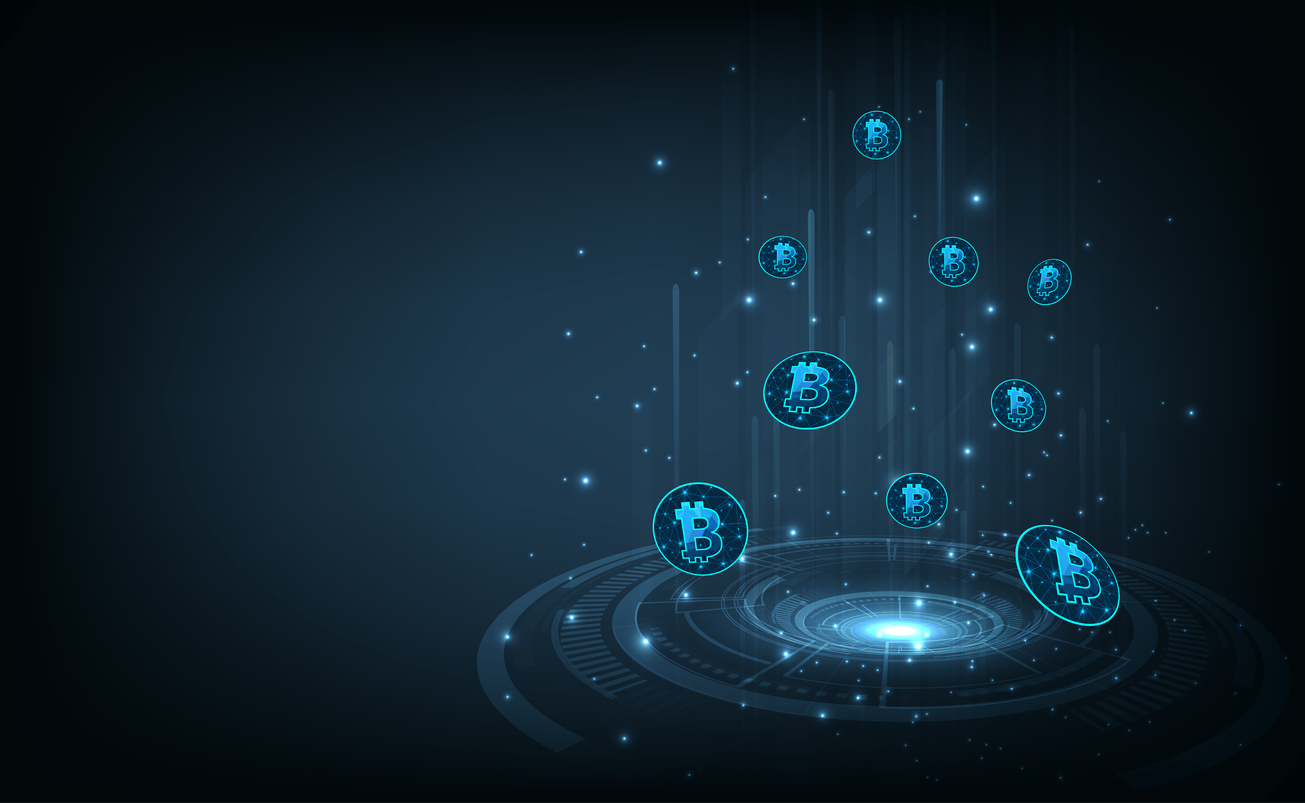 Investment and Exchange electronic currencies concept. Bitcoin digital currency digital money technology on Dark blue background.fintech world finance concept, vector illustration.